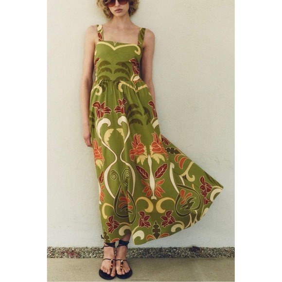 Zara Dresses & Skirts - Zara Floral Midi Dress Medium Green Tropical Cotton V-Back Sleeveless New tie up